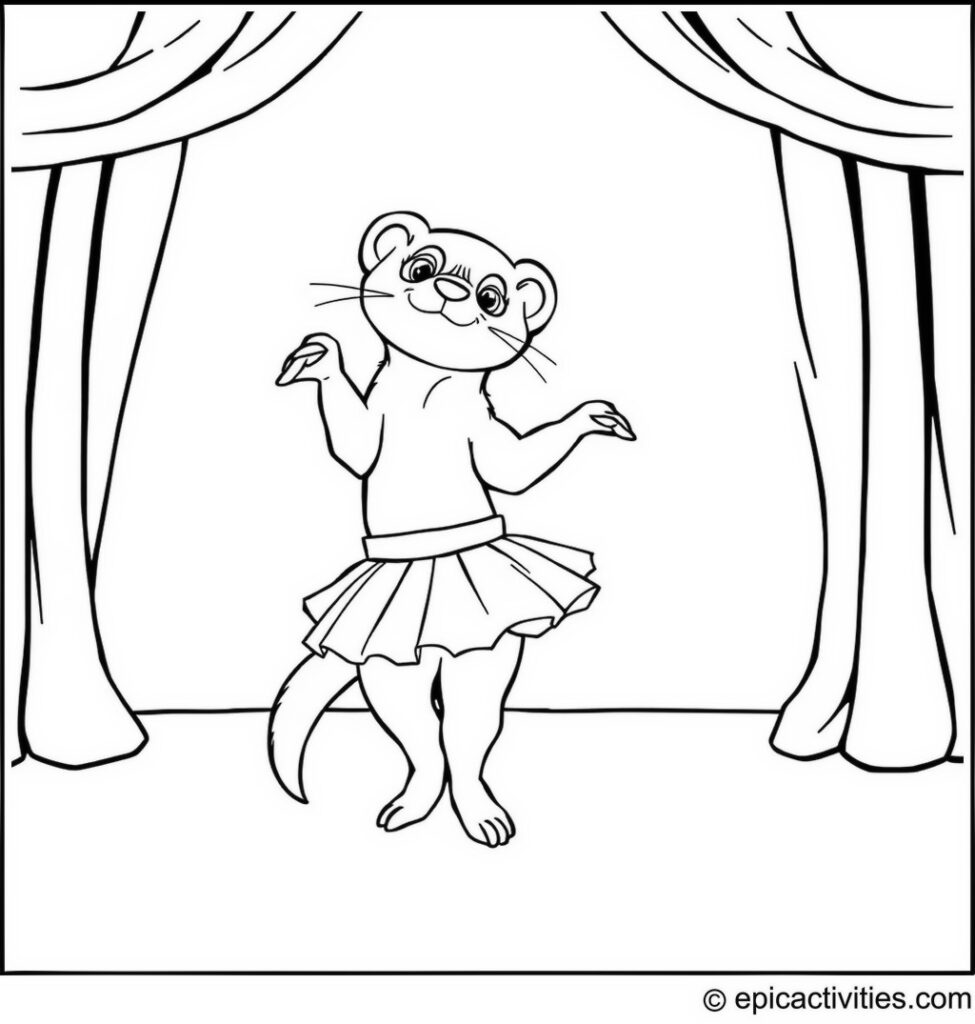 Coloring page of a Ferret Dancing Ballet in a Tutu on Stage