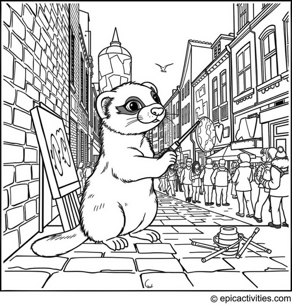 Coloring page of a Ferret Painting a Giant Mural