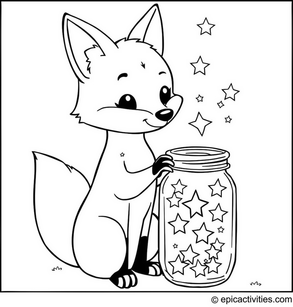 Coloring page of a fox catching falling stars in a cute cartoon style