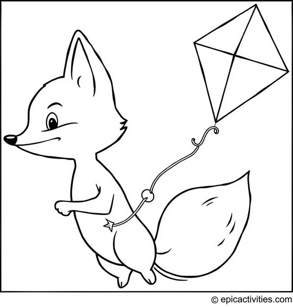 Coloring page of a Fox Flying a Fish Kite