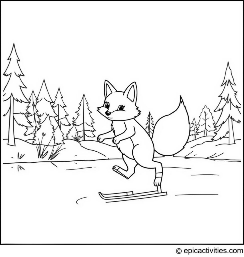 Coloring page of a Fox Ice Skating on a Frozen Pond