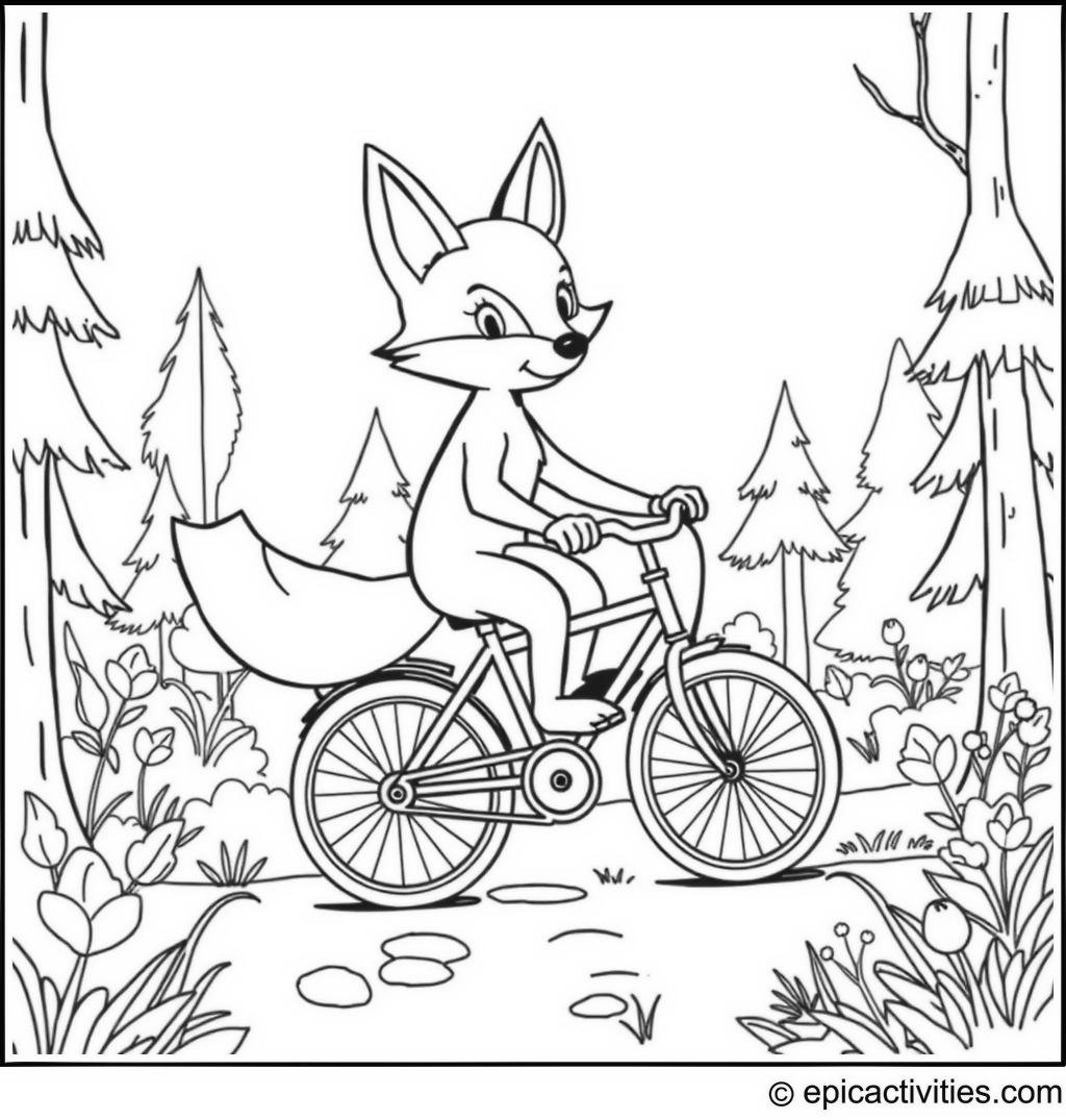 Coloring page of a Fox Riding a Tiny Bicycle in a Whimsical Forest