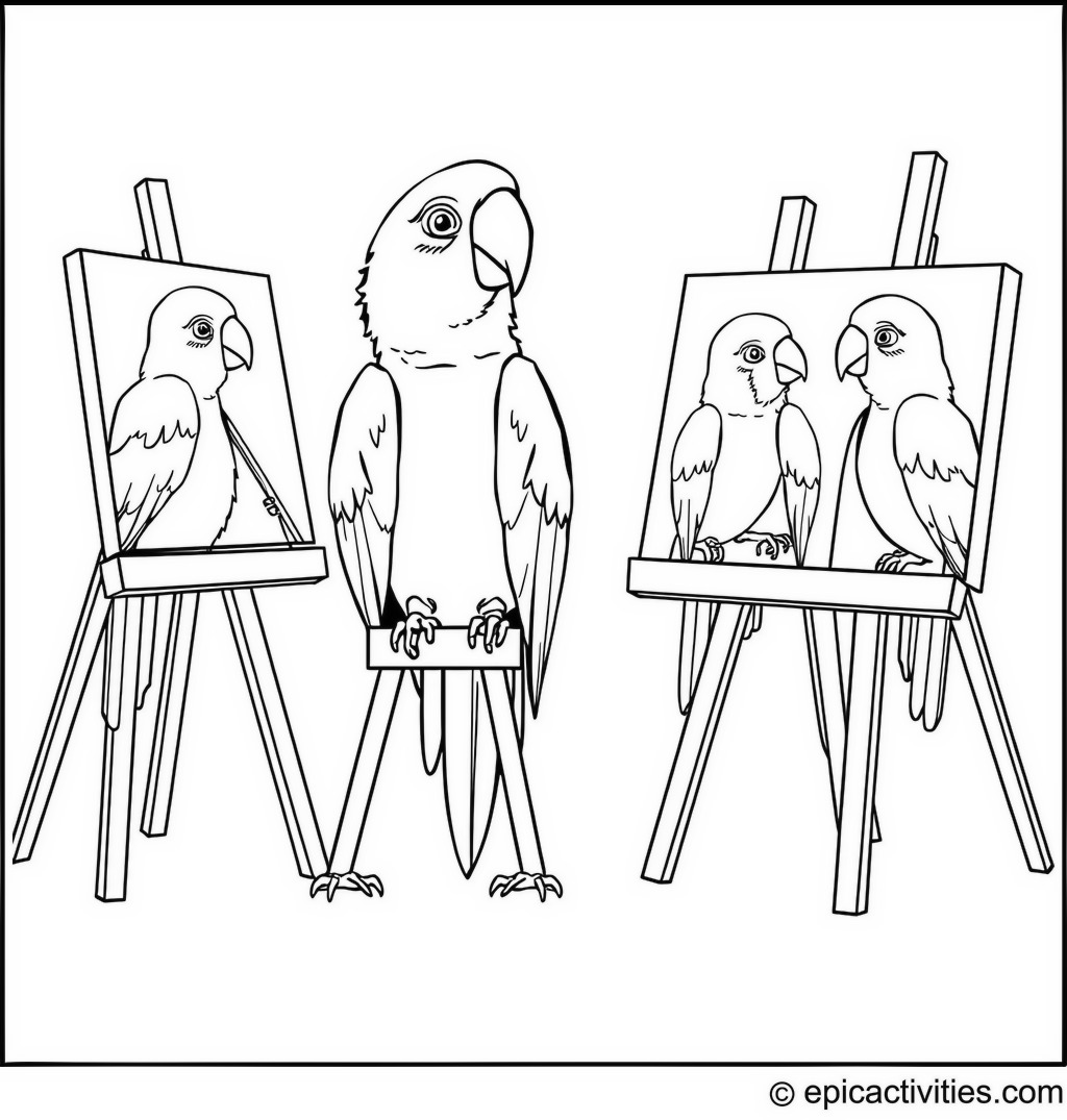 Coloring page of a Friendly Parrot Painting Portraits of its Friends
