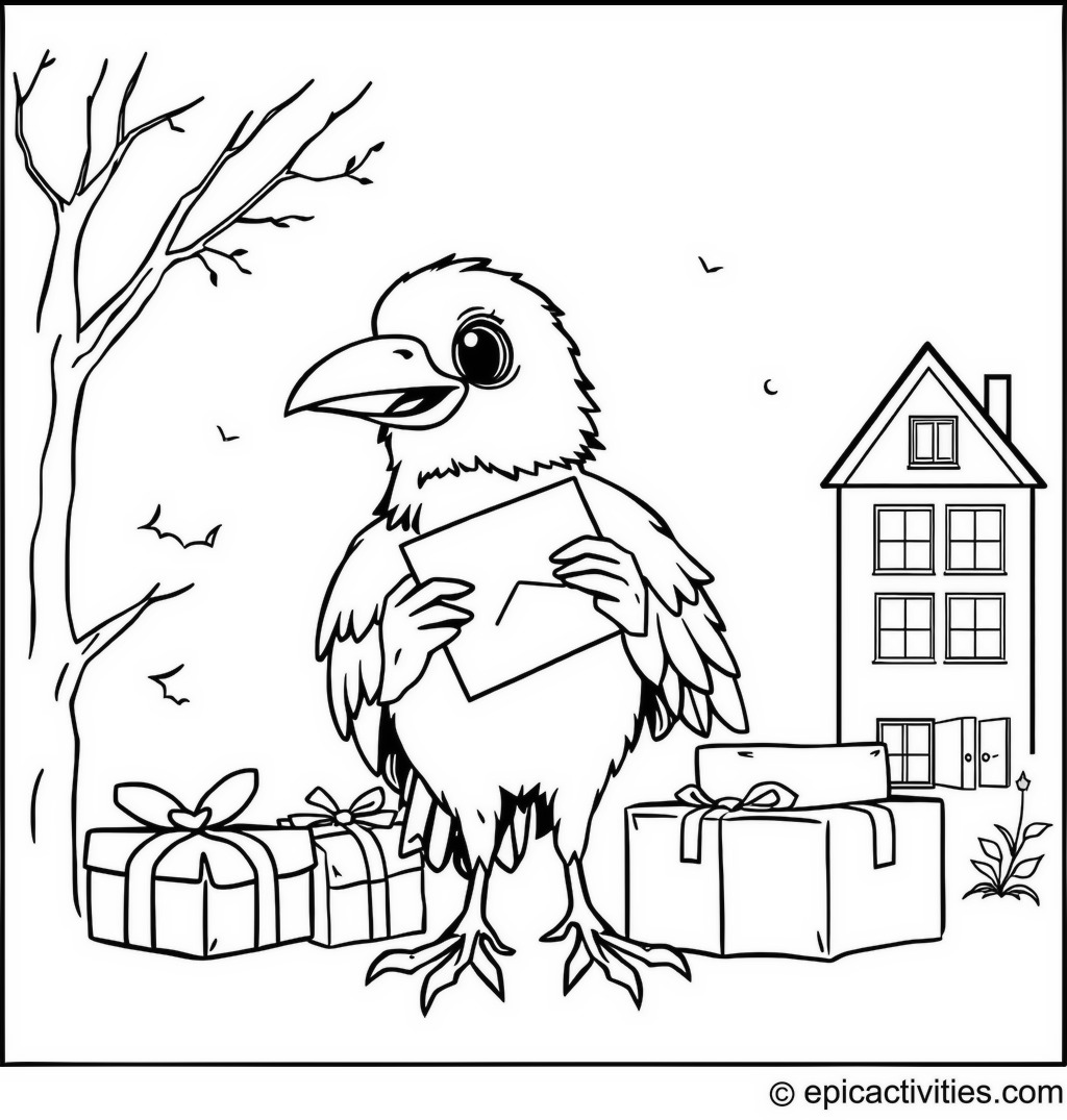 Coloring page of a Friendly Raven Delivering Letters