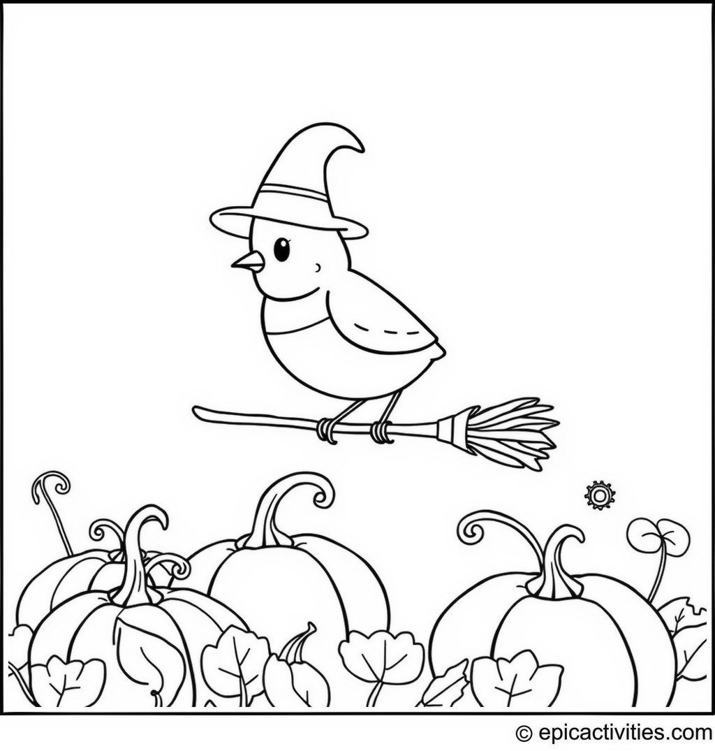 Coloring page of a Friendly Robin Flying with a Witches Hat and Broomstick