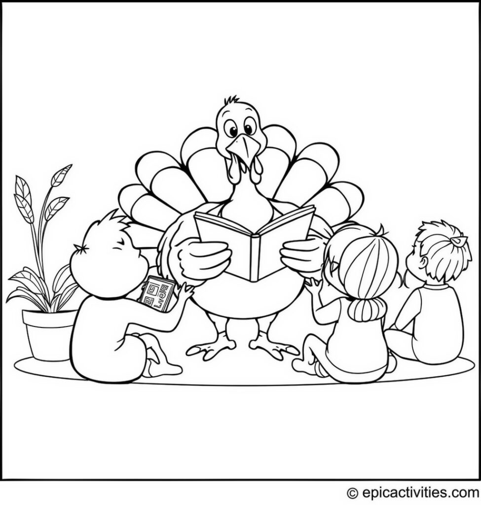Coloring page of a Friendly Turkey Hosting Storytime with Kids