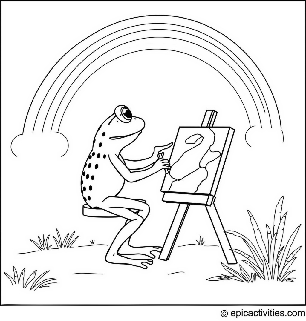 Coloring page of a Frog Artist Painting with a Rainbow