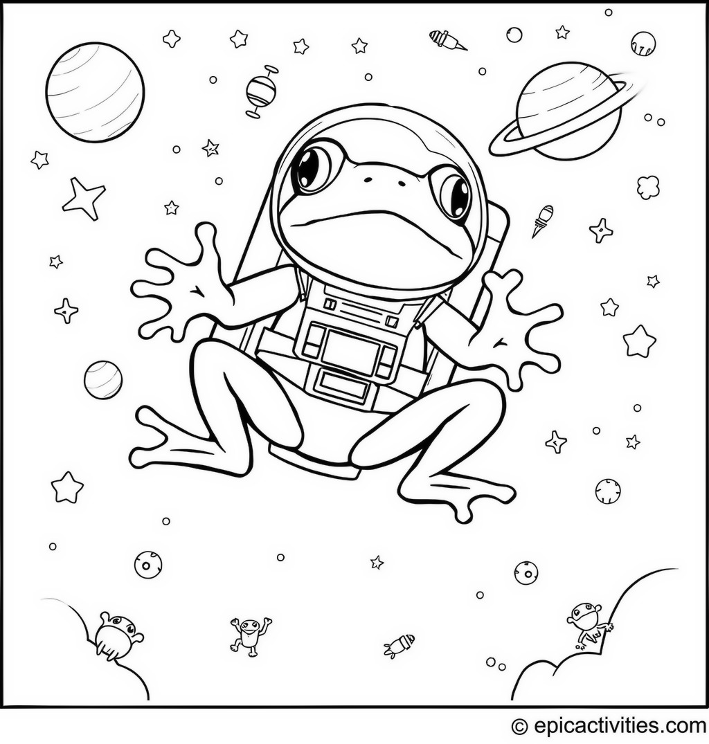 Coloring page of a Frog Astronaut in Space with Stars, Planets, and Aliens