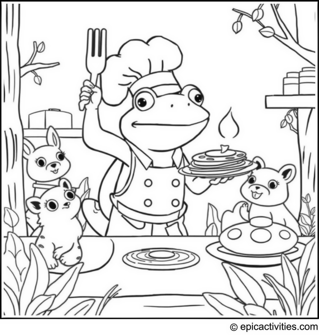 Coloring page of a Frog Chef Cooking Pancakes in a Woodland Kitchen with Forest Animals Watching