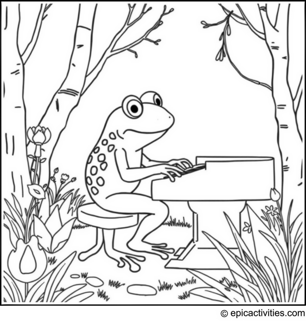 Coloring page of a Frog Playing Piano in a Woodland Setting