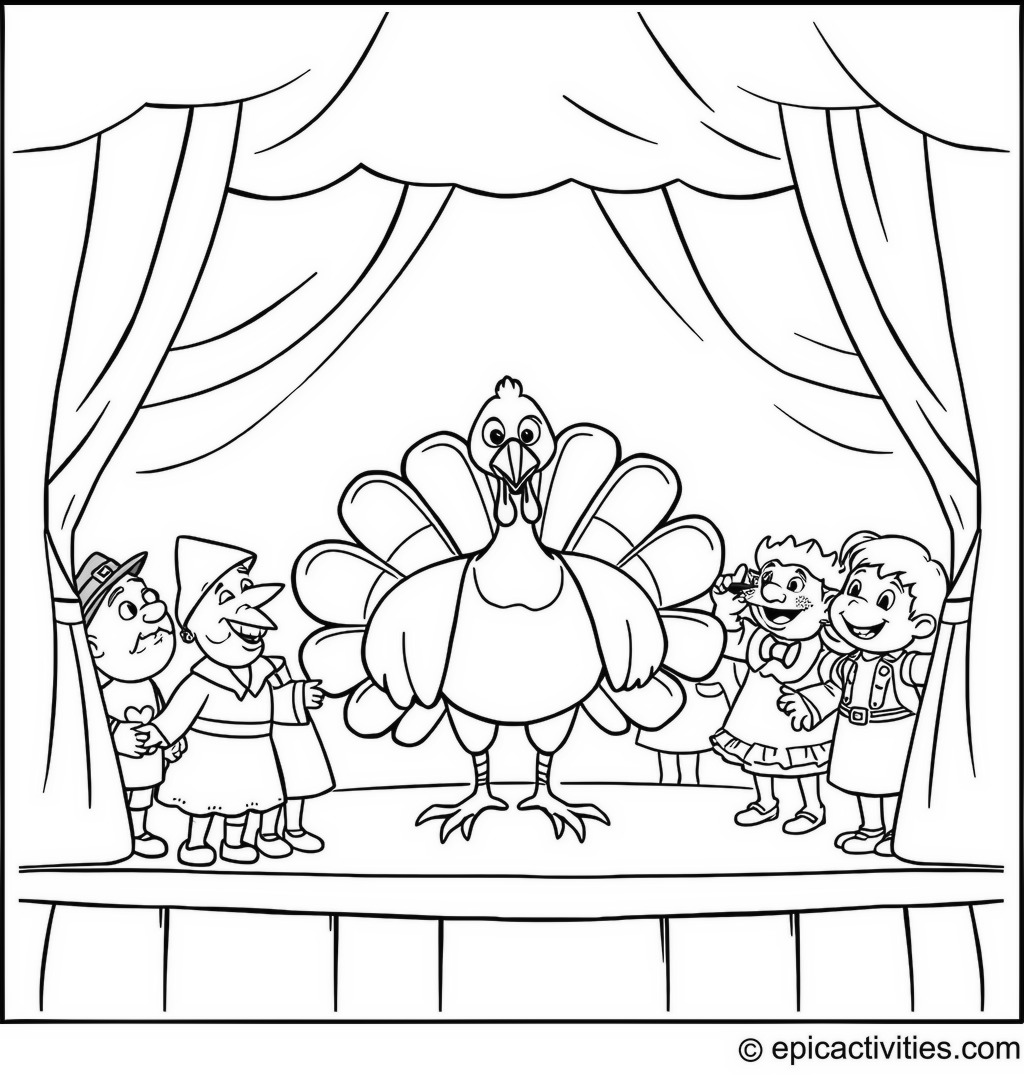 Coloring Page of a Fun Puppet Show with a Turkey Host