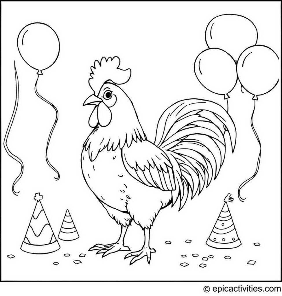 Coloring page of a Fun Rooster Party with Streamers and Balloons
