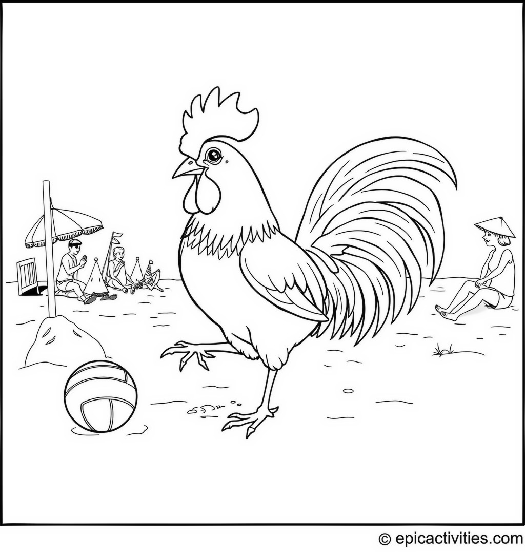 Coloring page of a Fun Rooster Playing Beach Volleyball