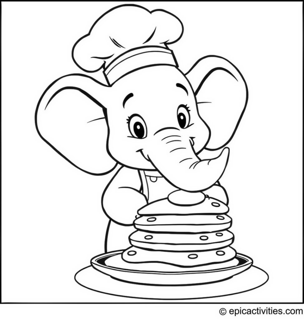 Coloring page of a Funny Cartoon Elephant Chef Cooking Pancakes
