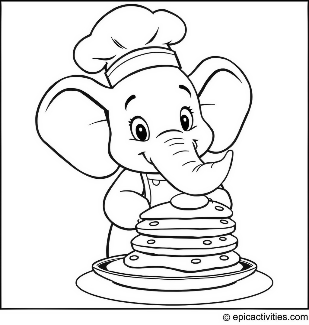 Coloring page of a Funny Cartoon Elephant Chef Cooking Pancakes