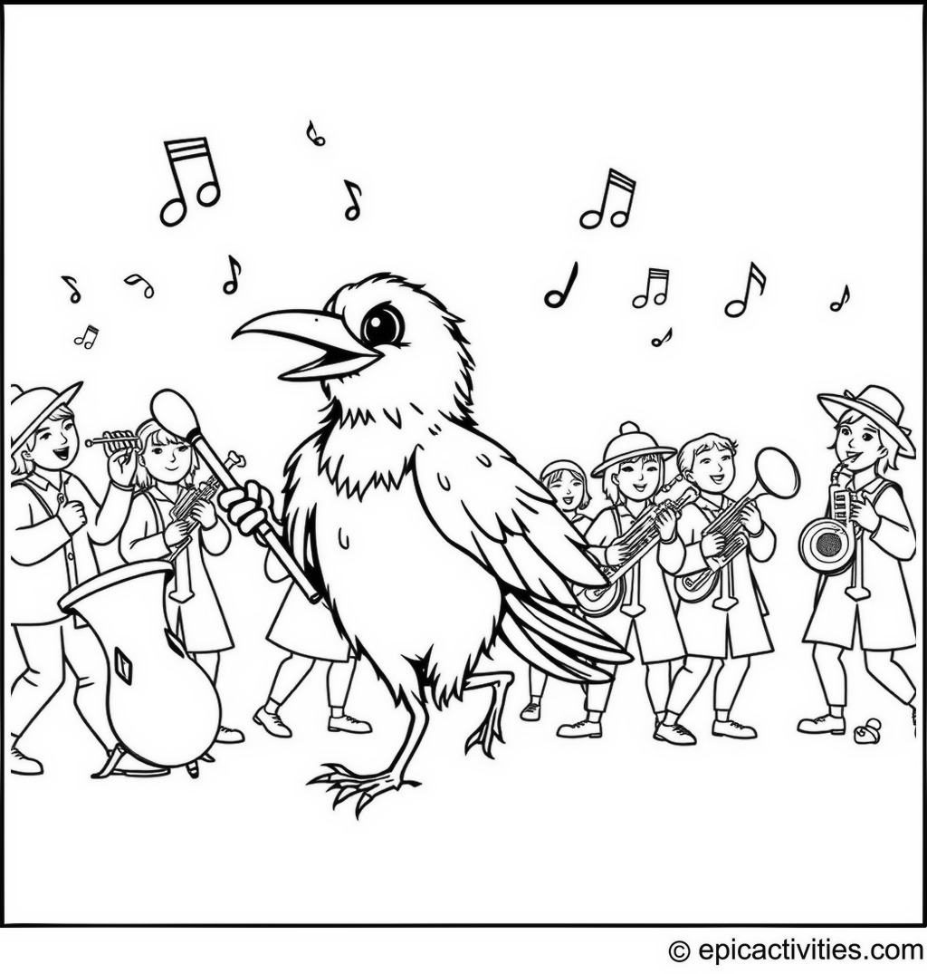 Coloring page of a Funny Raven Leading a Marching Band