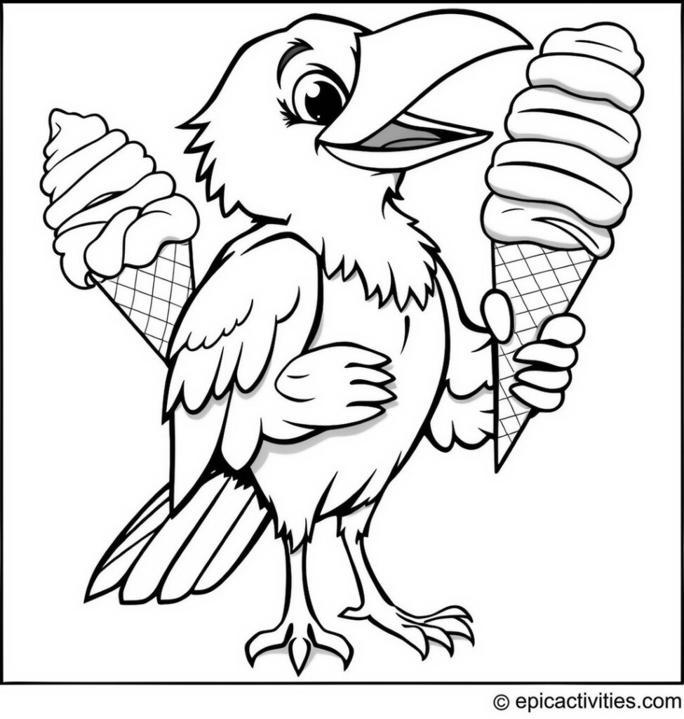 Coloring page of a funny raven with a yummy ice cream cone