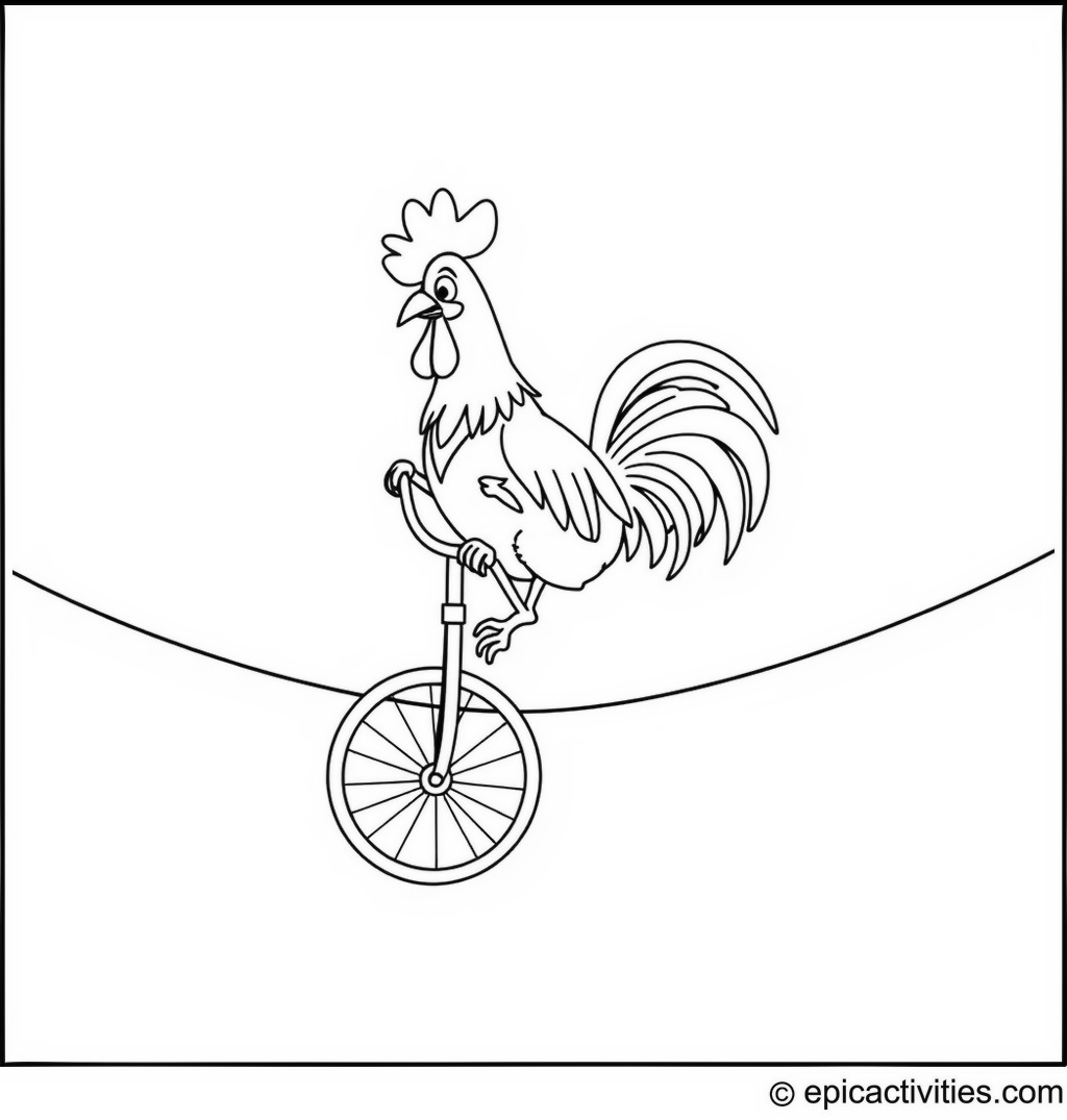 Coloring page of a Funny Rooster on a Unicycle in the Circus