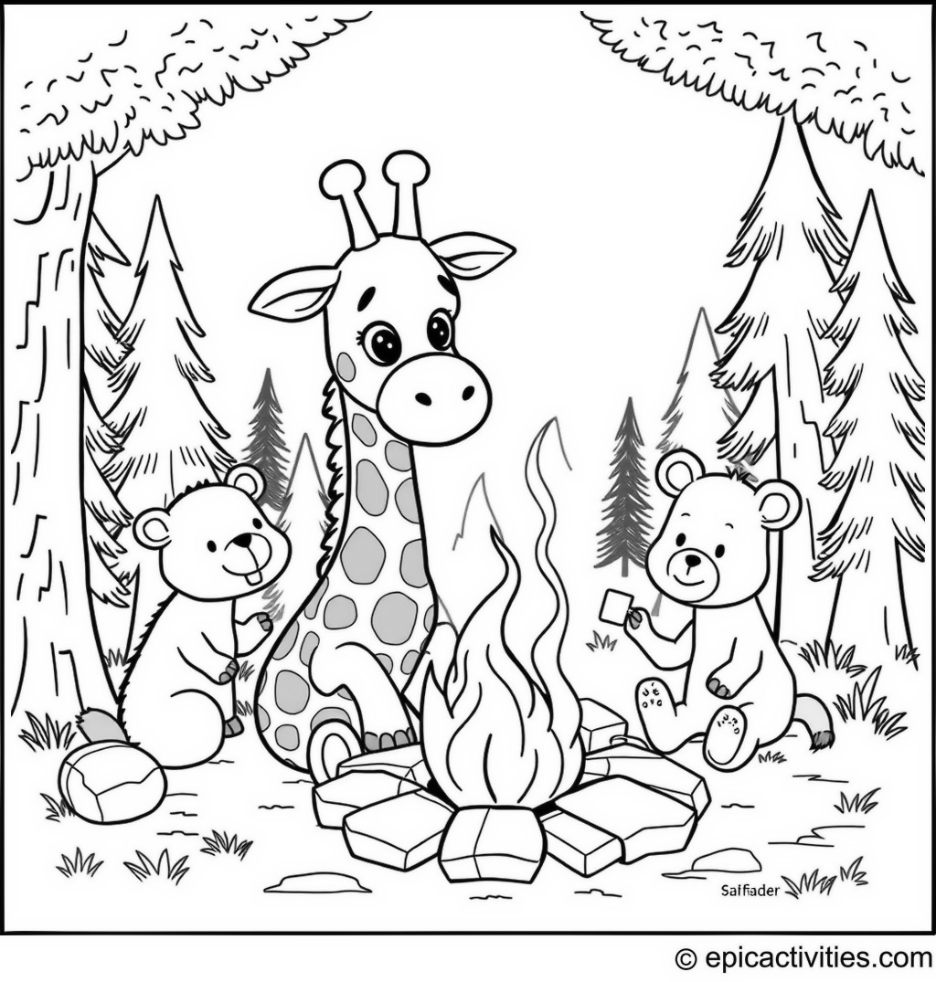 Coloring page of a Giraffe and Friends by the Campfire