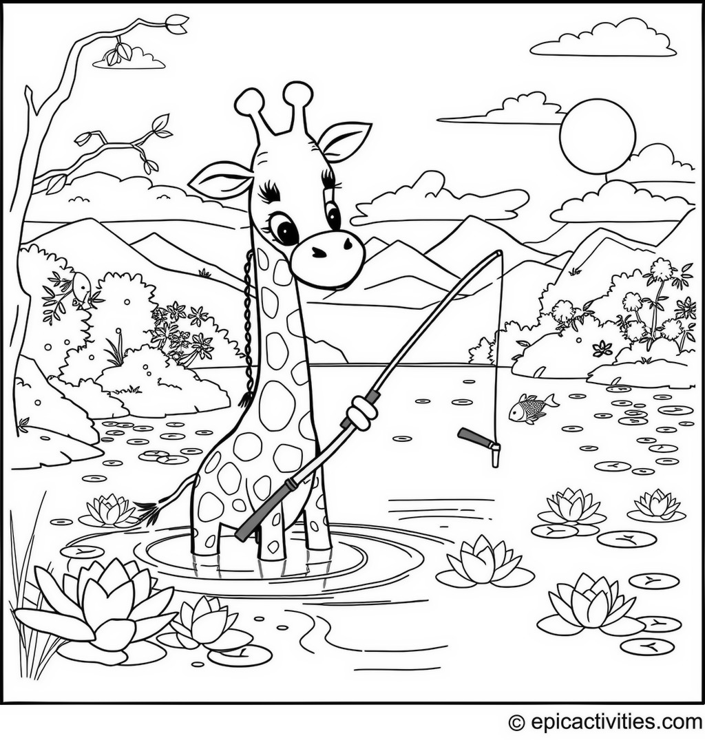 Coloring page of a Giraffe Fishing in a Scenic Lake with Leaping Fish and Water Lilies