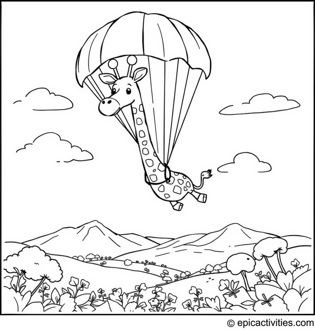 Coloring page of a Giraffe skydiving with leaf-shaped parachutes