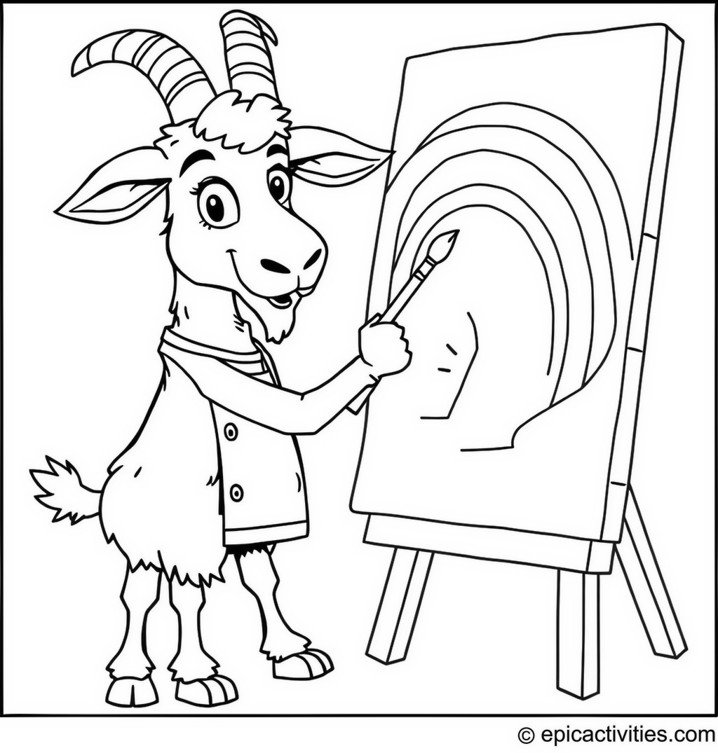 Coloring page of a Goat Artist Painting a Rainbow