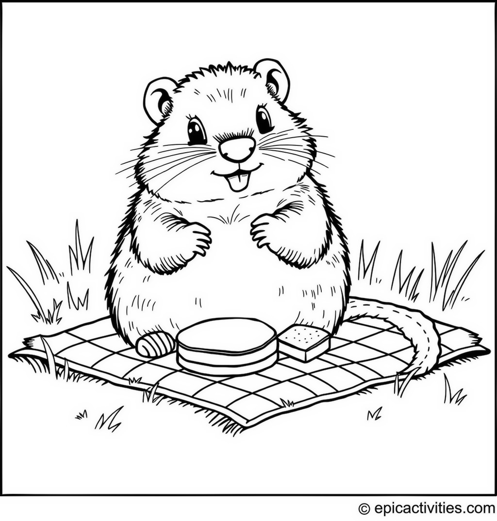 Coloring page of a Gopher Enjoying a Picnic with Tiny Sandwiches and a Checked Blanket