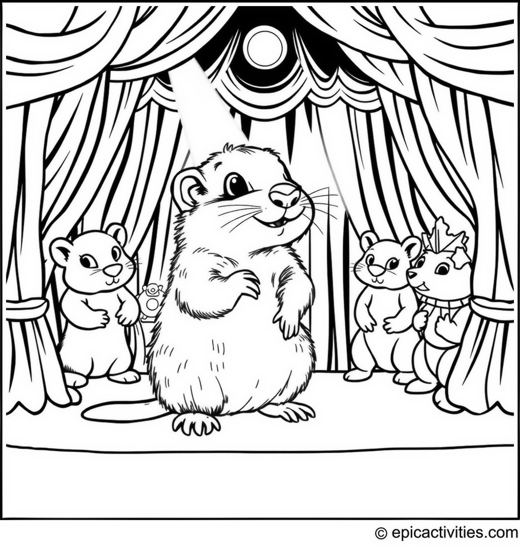Coloring page of a gopher in a theatrical production