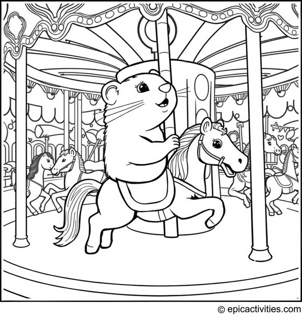 Coloring page of a gopher riding a carousel horse at a cute amusement park