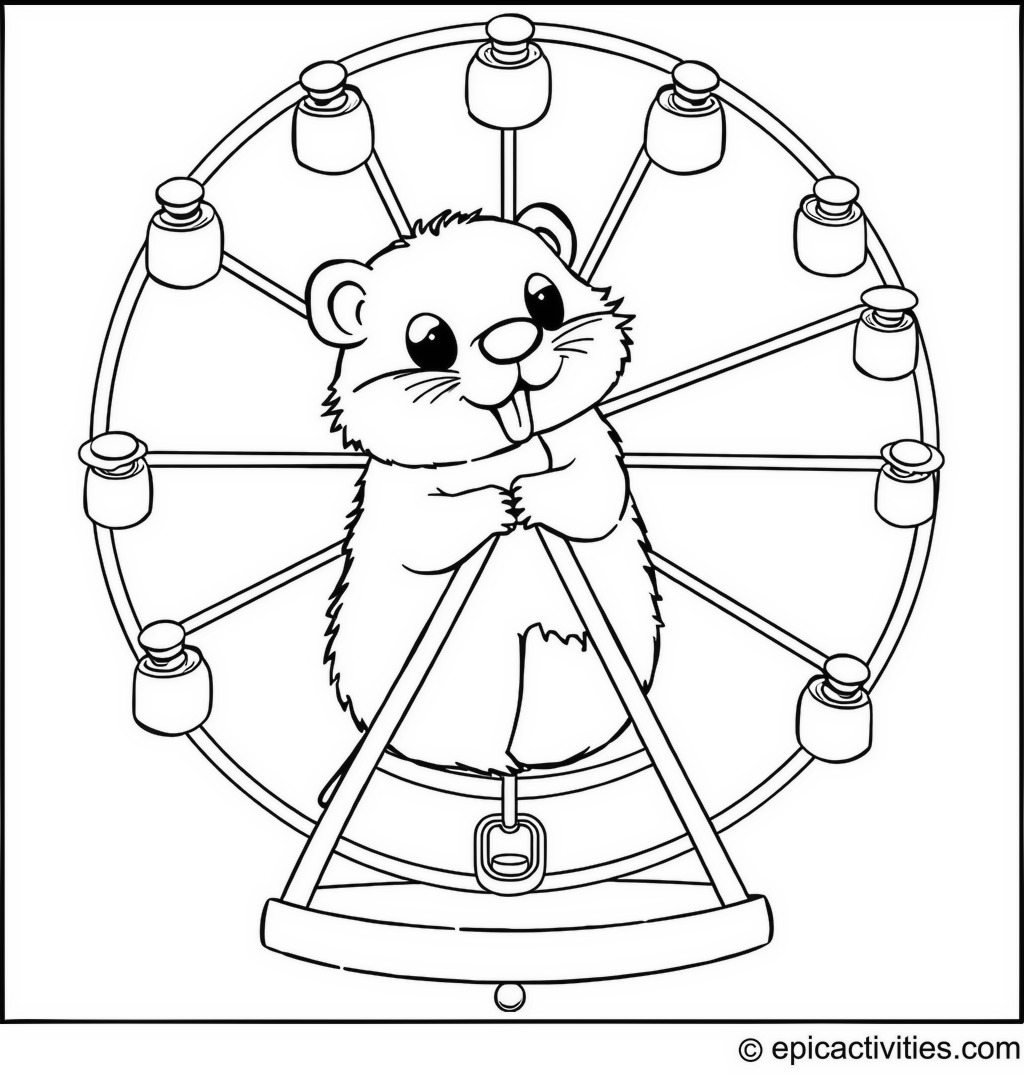 Coloring page of a gopher riding a cute Ferris wheel with simple cabins