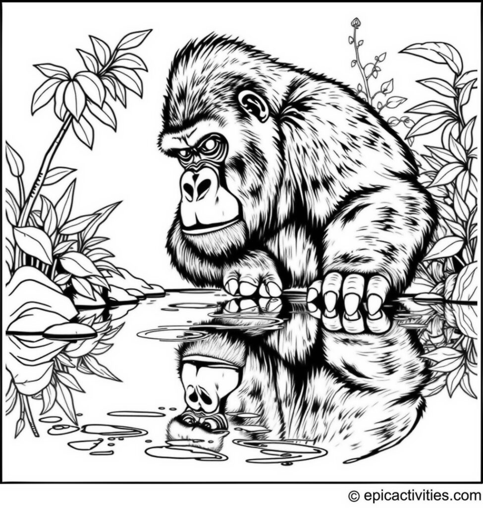 Coloring page of a Gorilla Resting by a Stream