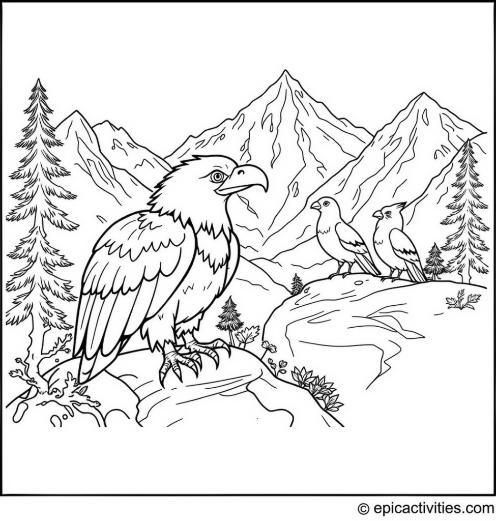 Coloring page of a Guided Tour by an Eagle in the Majestic Mountains