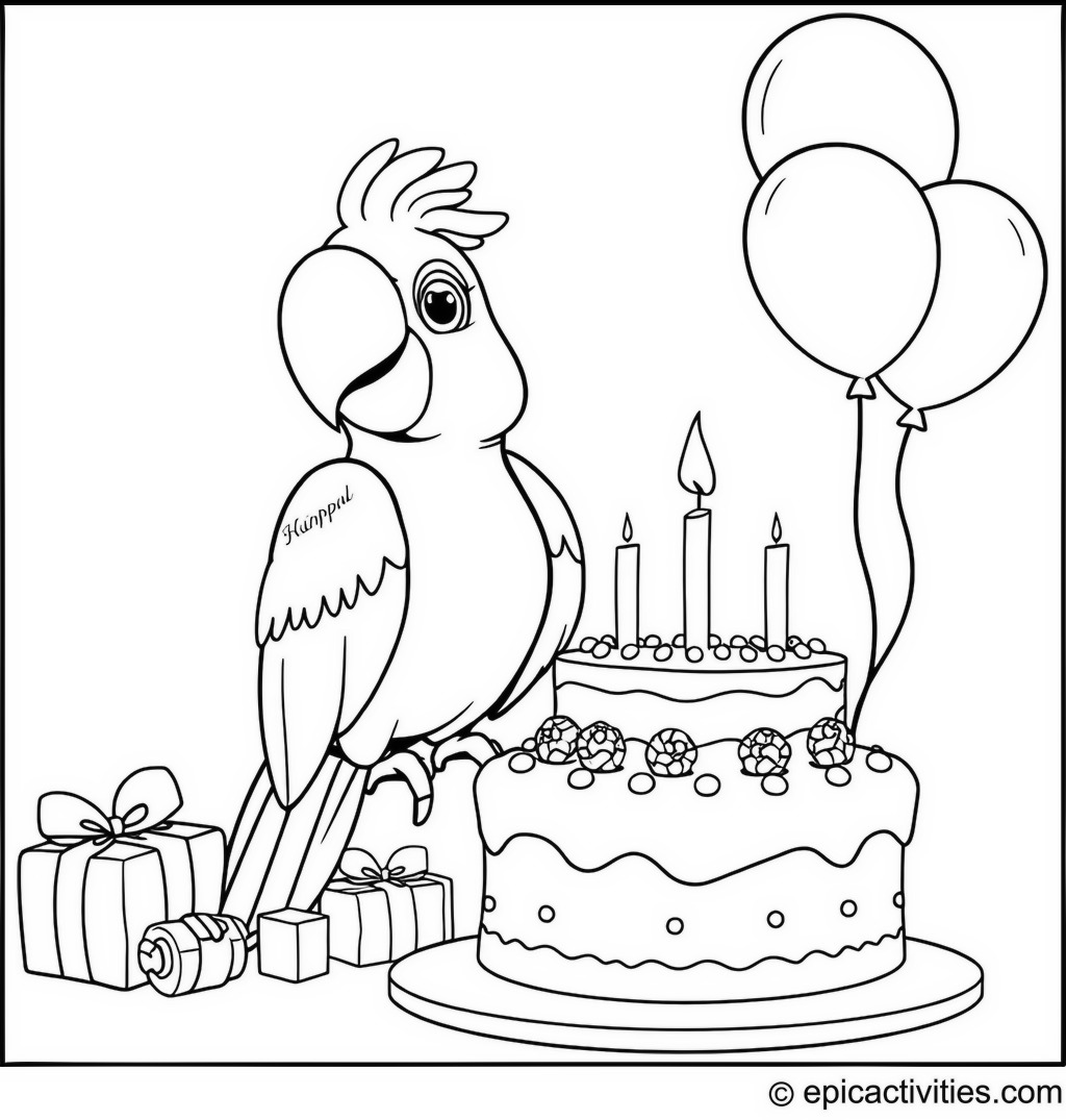 Coloring page of a Happy Birthday Parrot with Cake and Balloons