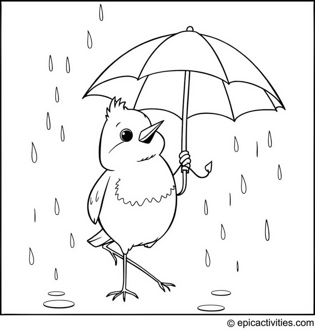 Coloring page of a Happy Cartoon Robin Dancing in the Rain with an Umbrella