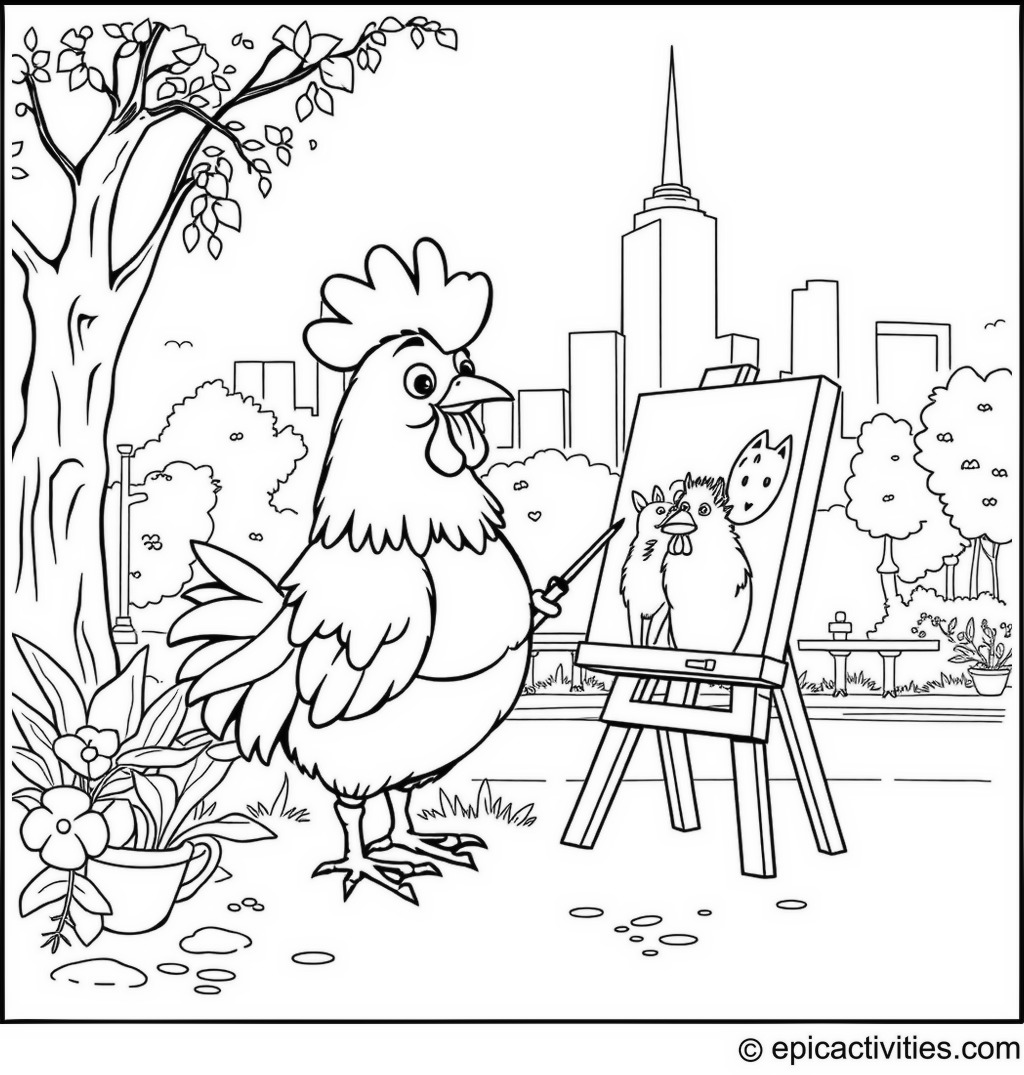 Coloring page of a Happy Chicken Artist Painting in the Park