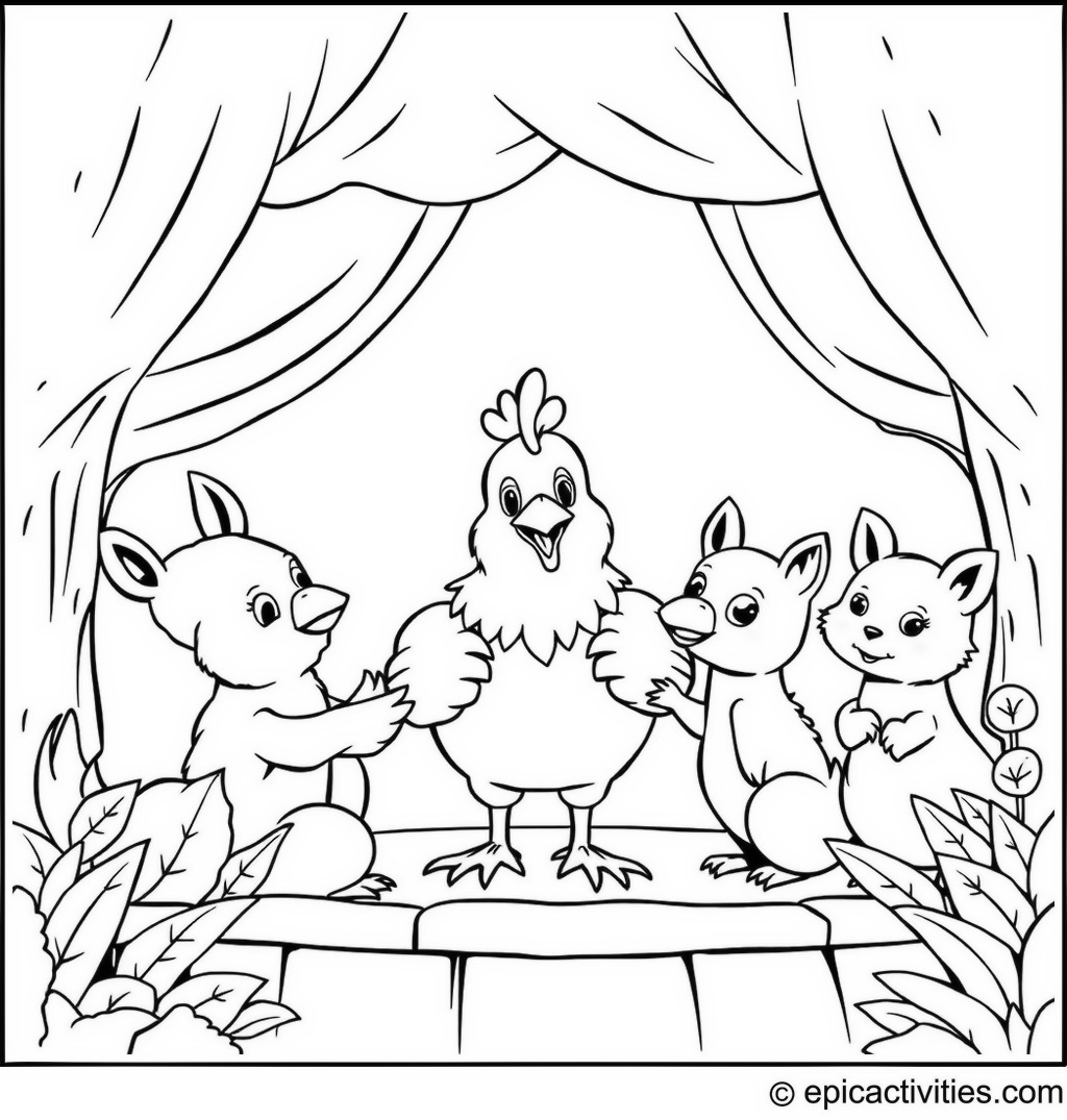 Coloring page of a Happy Chicken Hosting a Puppet Show for Woodland Creatures