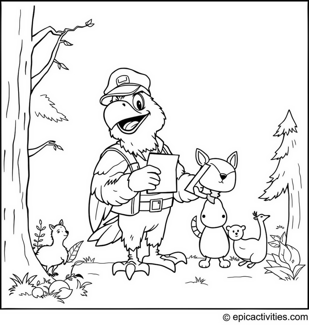 Coloring page of a Happy Eagle Mailman Delivering Letters to Forest Animals