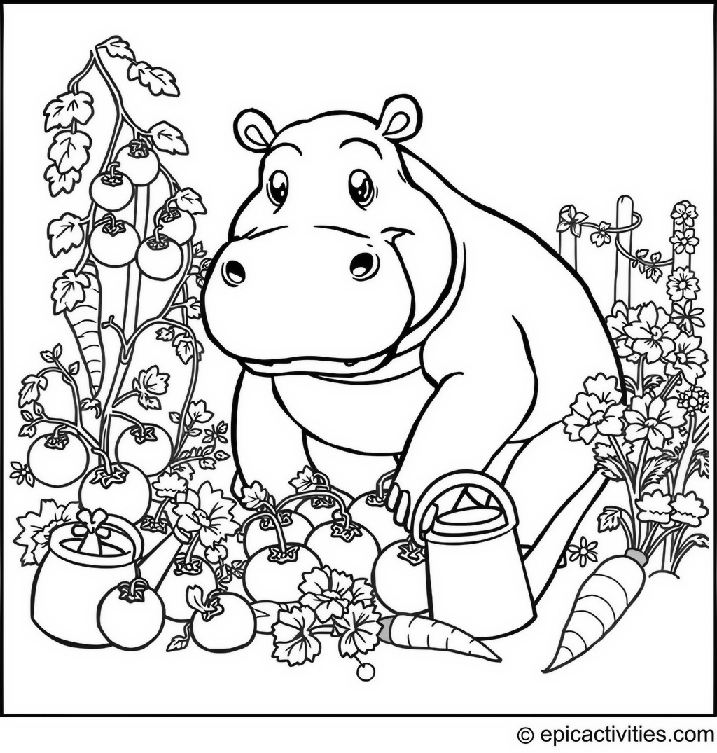 Coloring page of a Happy Hippopotamus Gardener
