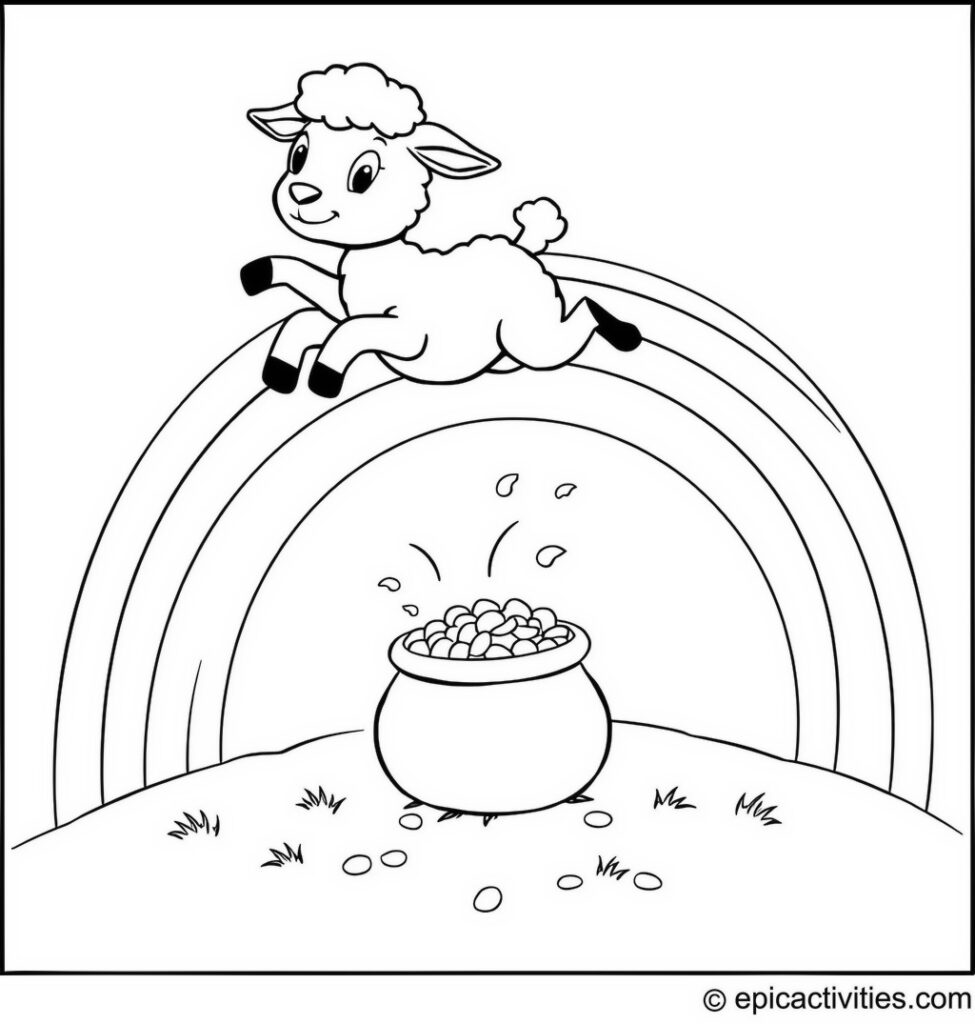 Coloring page of a Happy Lamb Jumping Over a Rainbow with a Pot of Gold