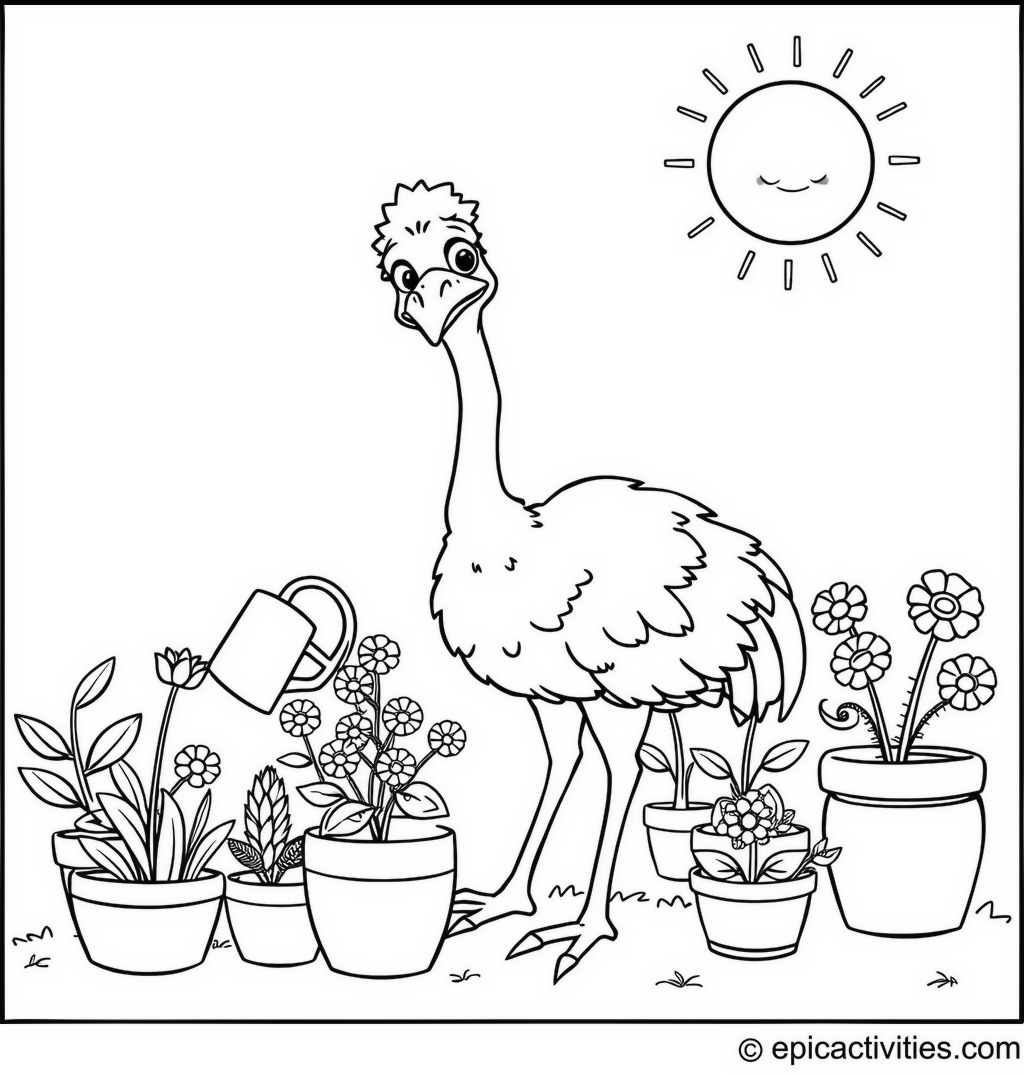 Coloring page of a Happy Ostrich Gardening