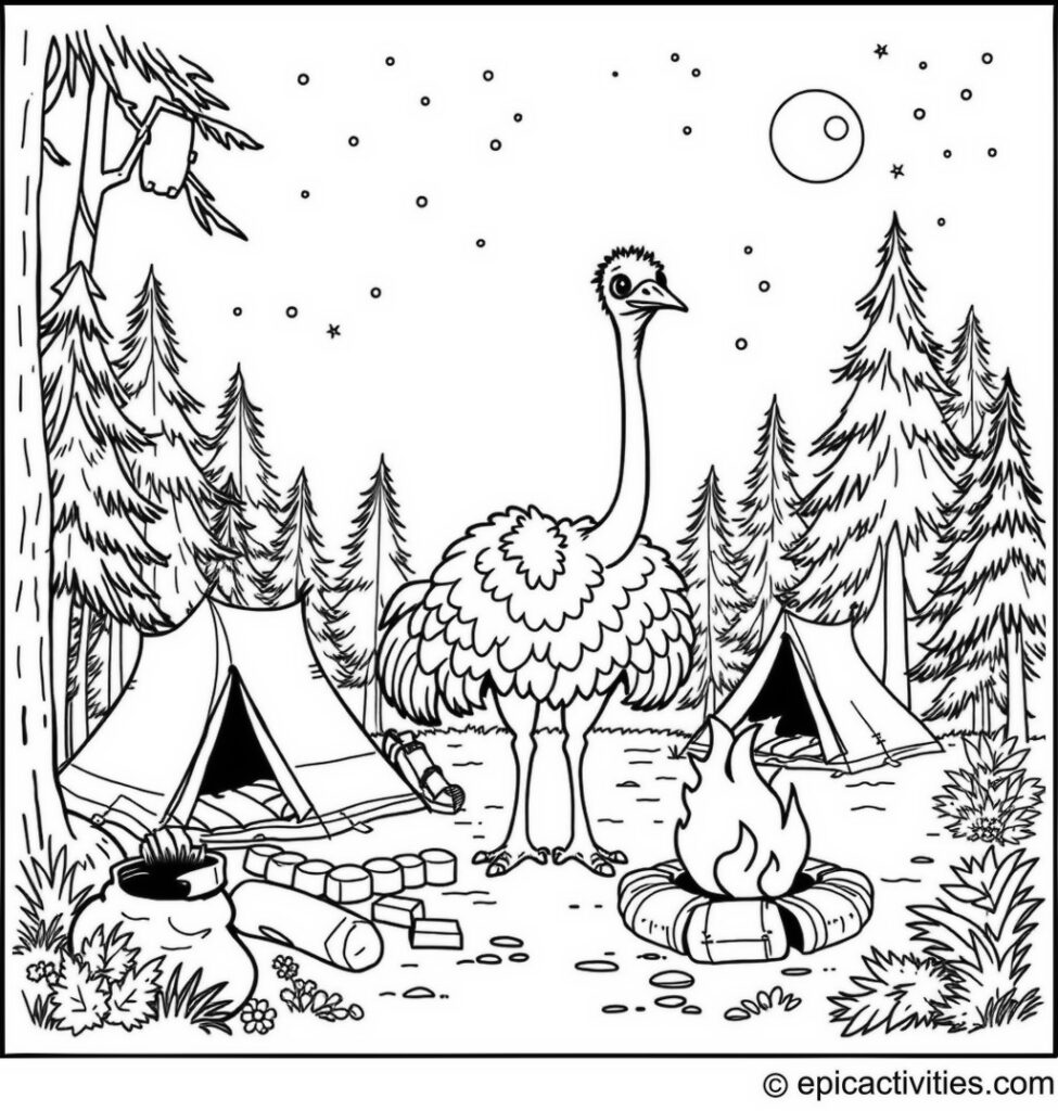 Coloring page of a happy ostrich on a camping adventure with friends