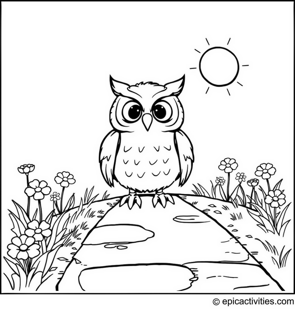 Coloring page of a Happy Owl with Sidewalk Chalk Fun