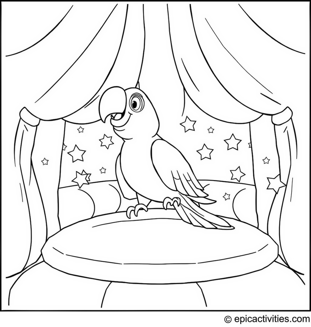 Coloring page of a Happy Parrot in a Starry Bouncy House