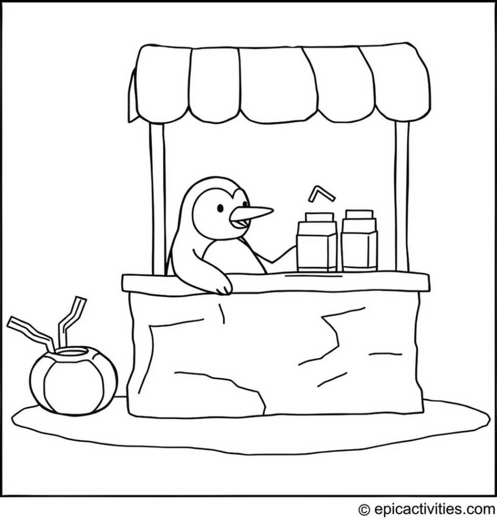 Coloring page of a Happy Penguin at an Icy Lemonade Stand