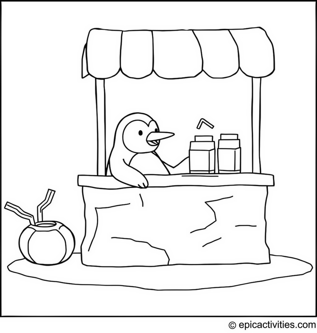 Coloring page of a Happy Penguin at an Icy Lemonade Stand