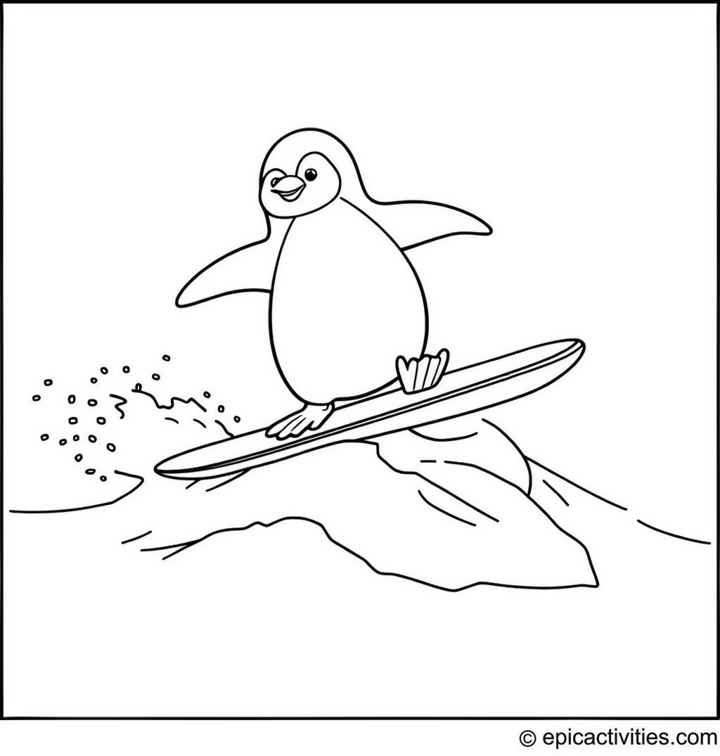 Coloring page of a Happy Penguin Surfing on Ice Floe Wave