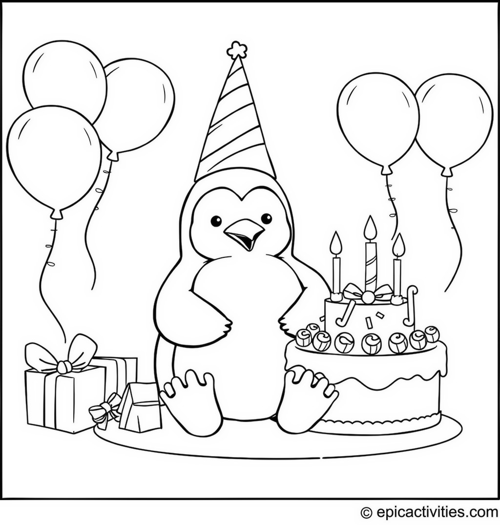 Coloring page of a Happy Penguin’s Birthday Party Celebration