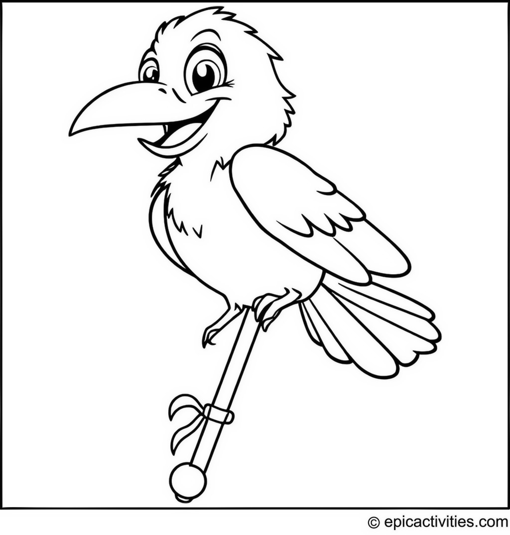 Coloring page of a Happy Raven on a Pogo Stick