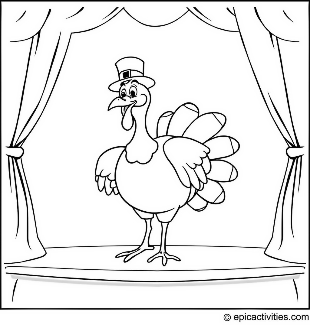 Coloring Page of a Happy Turkey Dancing with a Top Hat and Cane