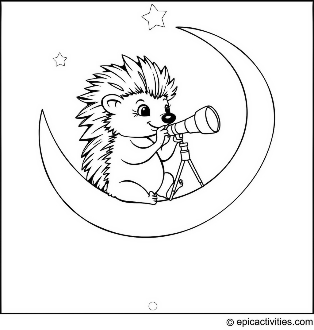 Coloring page of a Hedgehog on a Crescent Moon Star Gazing with a Telescope